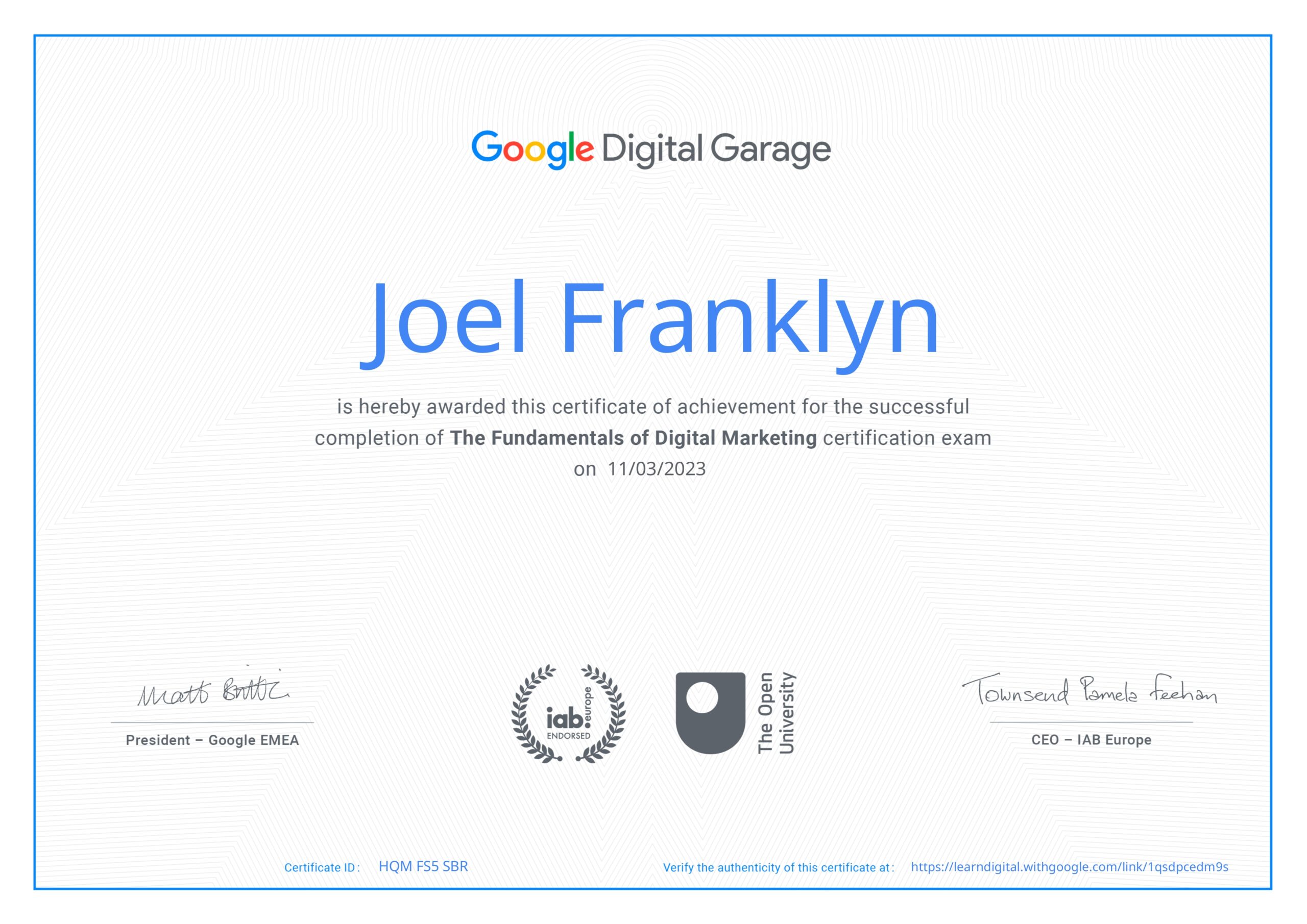 Joel Franklyn successfully completed the Google Digital Garage course!